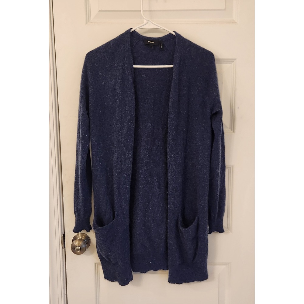 Theory Blue Open Front Longline Cardigan Sweater Pockets Heathered Knit Small